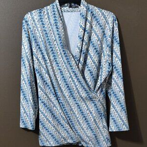 J. McLaughlin Blue and White Catalina Cloth Faux Wrap Top (L)